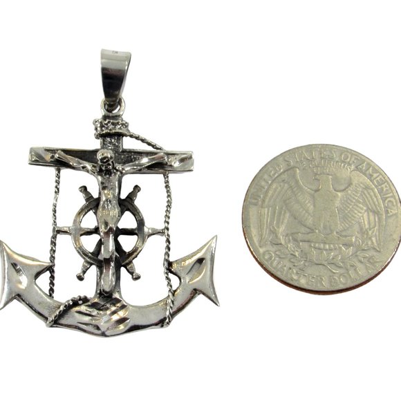 Solid 925 Sterling Silver Anchor With Helm & Crucifix Pendant - Nautical Jewelry - Picture 5 of 8